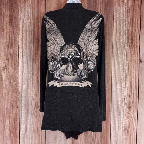 Harley Davidson Womens Size S/M Fringed Embellished Onyx Skull LS Cardigan Gray - Picture 5 of 14